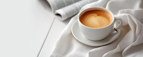 Poster Cup of coffee in white cup on table with white blanket. Coffee theme. copy space for your text © Filip