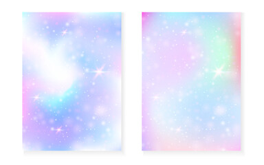 Magic background with princess rainbow gradient. Kawaii unicorn hologram. Holographic fairy set. Stylish fantasy cover. Magic background with sparkles and stars for cute girl party invitation.