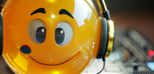 An extreme close-up of a round yellow cartoon bubble emoticon with DJ headphones, blank label for text.