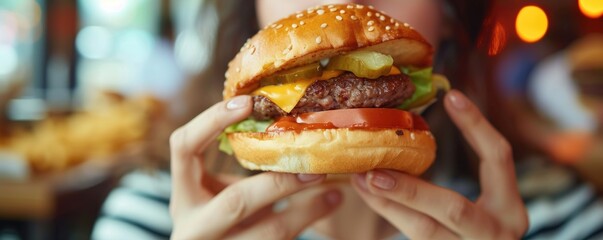 Woman hand with fresh hamburger at burger fast food.