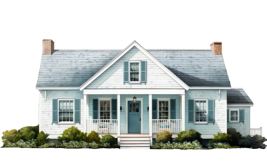 A white house with a charming blue door and matching windows stands out against a clear blue sky
