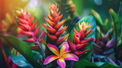 Bright bromeliads and frangipani flowers against the backdrop of the garden. - obrazy, fototapety, plakaty