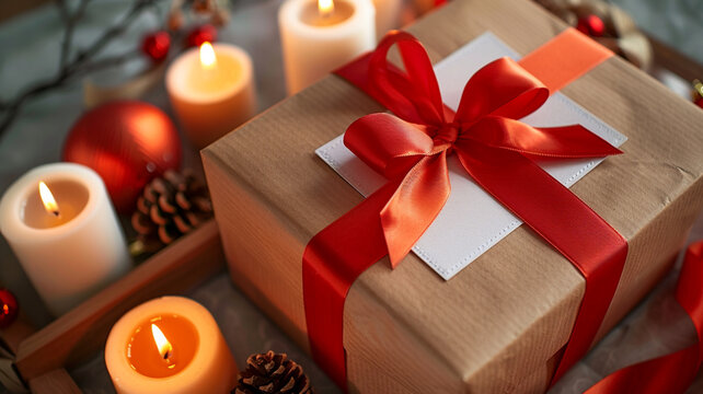 Close-up image showcasing the rustic charm of a kraft paper gift box, complemented by a scarlet ribbon and surrounded by candles.