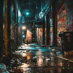 urban alleyway at night in the rain with litter on the floor and birght graffitti on the dirty...