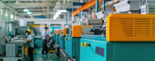 Workers are operating injection molding in automated faactory. Pipes for plastic injection machines. banner. - obrazy, fototapety, plakaty