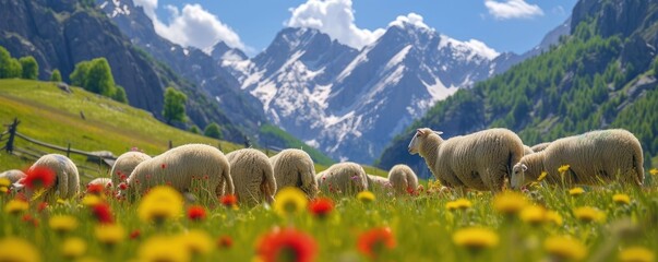 A herd of sheep grazes on green wild meadow  surrounded by mountains - obrazy, fototapety, plakaty