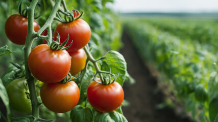 Close-up of ripe growing tomato berries. Fresh eco farm field with ripe red tomatoes on branches....