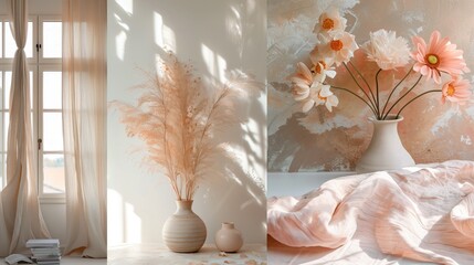 Collage of photos of modern bedroom interior in pastel colors. Selective focus.