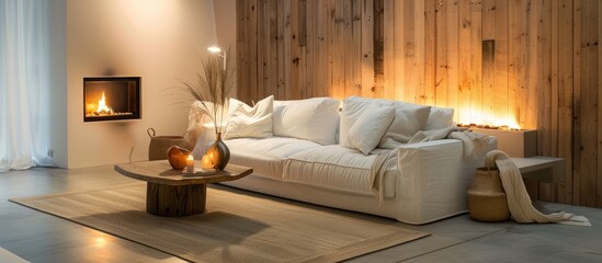 A modern living room with a white sofa and wood grain fireplace, featuring soft lighting