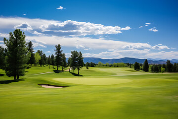 Naklejka premium Pristine golf course with rolling greens, sand traps, and a backdrop of forested mountains under a clear blue sky