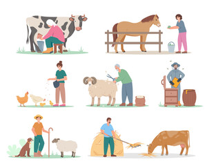 Set of farming people characters. Farmers workers, shepherd, beekeeper, milkmaid caring for livestock animals. Agricultural scenes isolated on white background. Vector illustration.