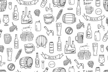 Seamless pattern of beer and glass of beer. Mug with beer, barrel. Great for bar menu design, packaging, pub. Hand drawn. Doodle style.