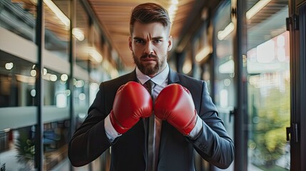 Embrace the fight! Meet the businessman equipped with boxing gloves, ready to tackle challenges head-on, standing tall against - obrazy, fototapety, plakaty