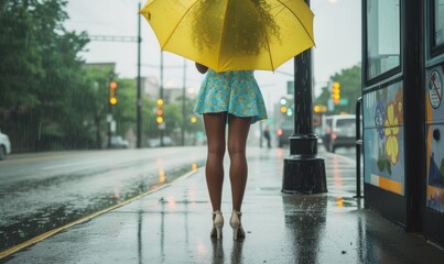 A fashionable woman gracefully stands on a rainy sidewalk, her yellow umbrella adding a pop of color to her outdoor ensemble while protecting her from the down pour.