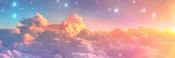 Fantasy sky with clouds and stars at sunset, Vector illustration, Ai Generated