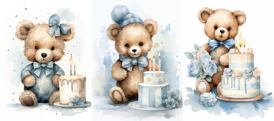 Watercolor bear clipart with cake, leaves, blue tone, birthday party
