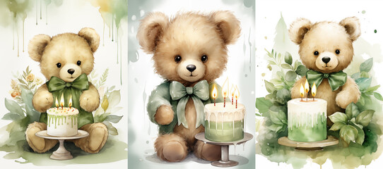 Watercolor bear clipart with cake, leaves, green tone, birthday party
