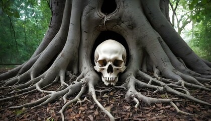 A Skull Nestled Among The Roots Of An Ancient Tree