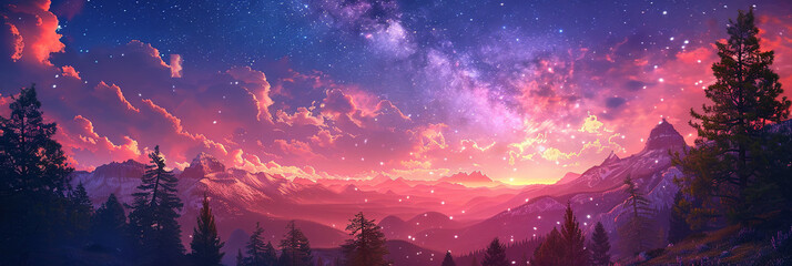 Fantasy landscape with snowy mountains and blue sky with stars and nebula, Ai Generated