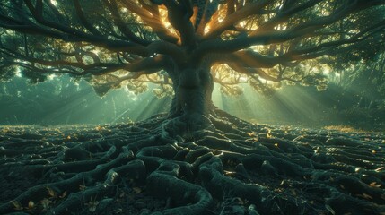 A surreal scene of a tree with interconnected roots