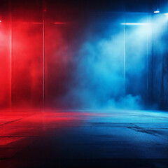 street style, abstract red and blue background, spotlights, concrete floor and studio room with...