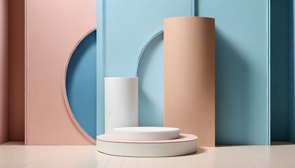 Set of beige, blue, pink and white realistic 3d cylinder pedestal podium in pastel colorful. Generative AI.
