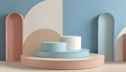 Set of beige, blue, pink and white realistic 3d cylinder pedestal podium in pastel colorful....