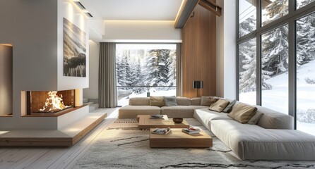 A modern living room with comfortable sofas, a wooden fireplace and white walls