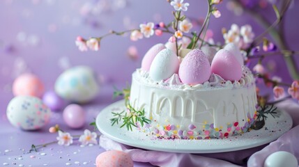 Obraz na płótnie Canvas Easter cake garnished with sugar on a Beautiful Lavender background