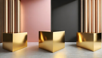 Set of gold, black, pink gold round corner cube pedestal podium display on empty room background. Generative AI.