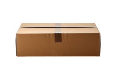 A brown cardboard box with a white stripe sits ready for transport
