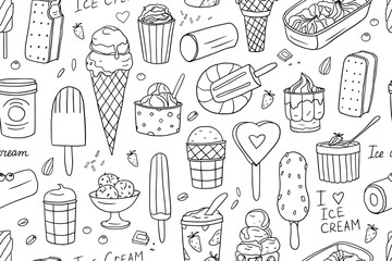 Seamless pattern of ice cream in doodle style. Ice cream waffle cones, ice cream bars on sticks. Great for summer dessert menu design, print, web or advertising. Coloring book. Hand drawn