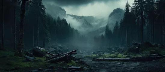 Ingelijste posters A misty forest enveloped in fog with a river flowing through, surrounded by towering mountains and a cloudy sky creating a mysterious and eerie atmosphere © pngking