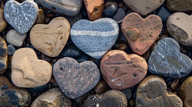 Close-up of heart-shaped pebbles arranged in a pattern on the shore, customizable label space.