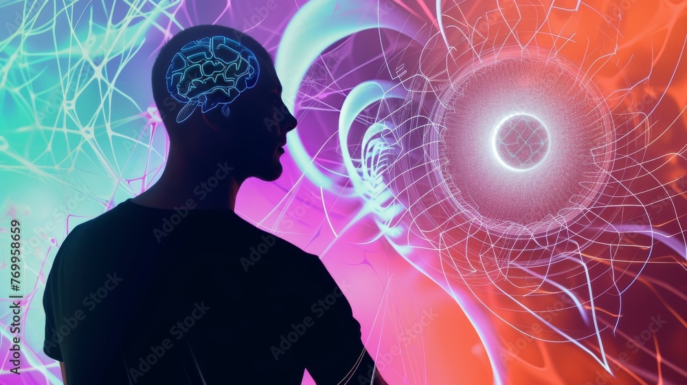 Poster silhouette of a man against a vibrant backdrop, showcasing neural processing and connectivity in a c