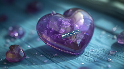 Close-up view of a amethyst heart emoji on a blue backdrop with 