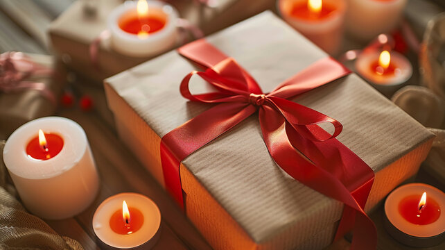 Close-up view of a kraft paper gift box tied with a bold red ribbon, surrounded by candles emitting a soft glow.