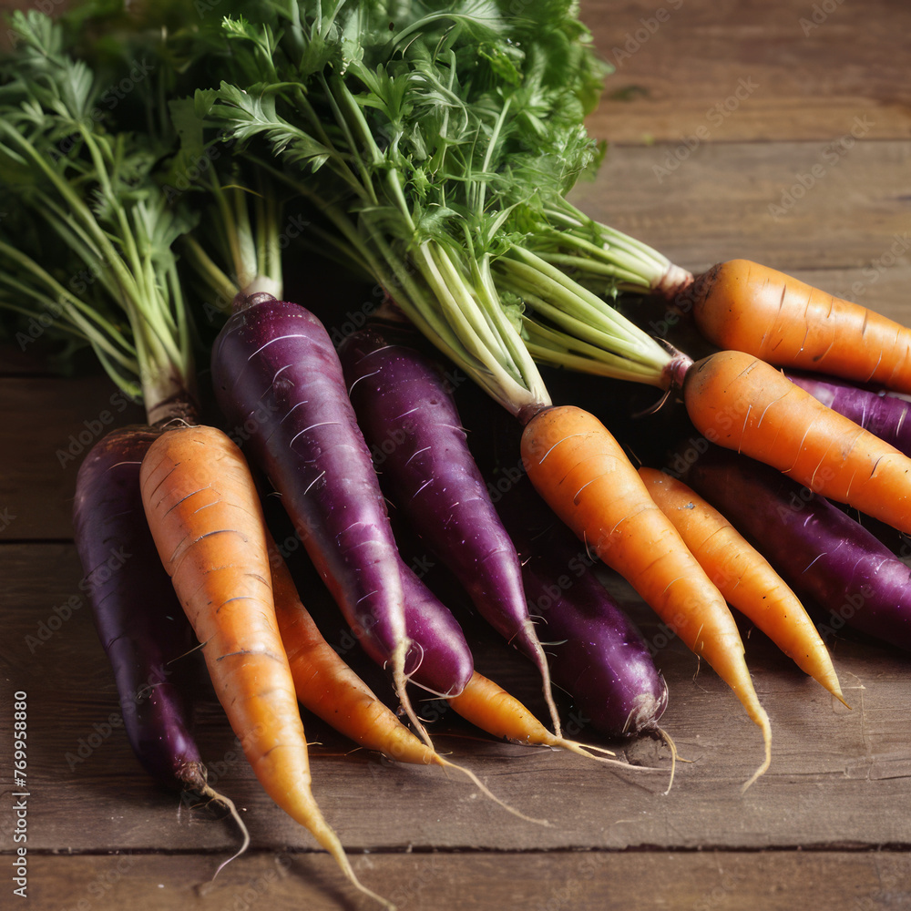 Wall mural freshly picked purple and orange carrots on a wooden table. organic farming and vegetable growing co