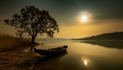 sunset on the river. calm lake in the morning, waning moon, solar dawn, silhouette of a lonely tree, wooden