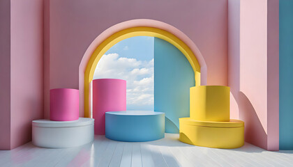 Set of pink, yellow, blue and white realistic 3d cylinder stand podium in arch window. Vecto. Generative AI.