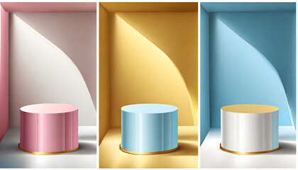 Set of pink, yellow, blue and white realistic 3d cylinder stand podium with window shadow....