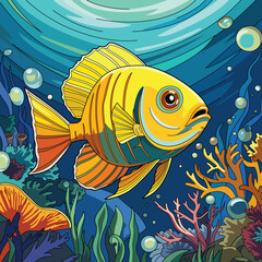 Cartoon Fish Underwater Scenery Vector Illustration. Cartoon Golden Fish In Water. Fish Underwater In Aquarium. Detailed Illustration Of Fish Underwater Surrounded With Plants.