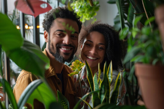 A man and woman are smiling at the camera in a green room with plants