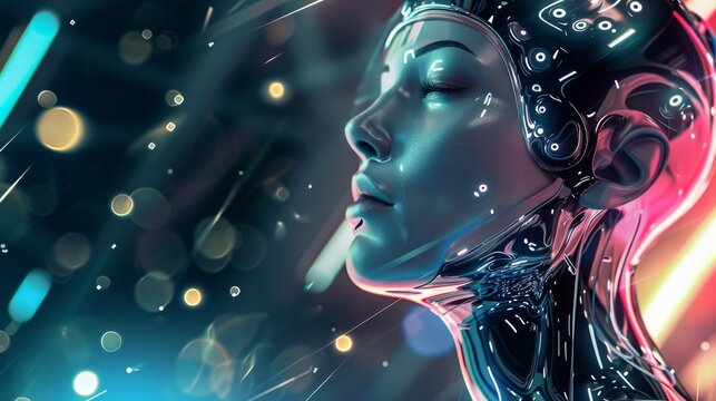 A futuristic representation of a contemplative cyber woman with digital interfaces and light effects, blending humanity with technology