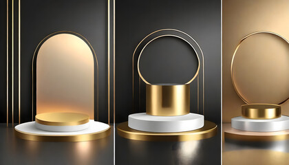 Set of Realistic 3D product podium background in black, silver, pink gold and golden color. Generative AI.