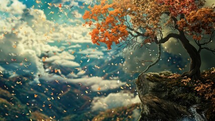Fototapeta na wymiar Autumn tree on cliff with flying leaves - Stunning fantasy landscape of an autumn tree on the edge of a cliff, leaves blowing in the wind, vibrant fall colors
