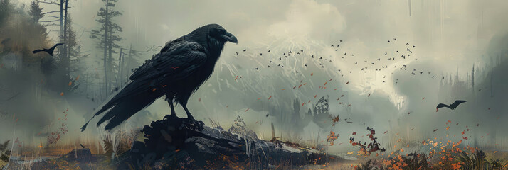 Black raven perched on rock in misty landscape - Dark, gothic image of a raven perched on a rock with a misty, autumnal wilderness backdrop - obrazy, fototapety, plakaty
