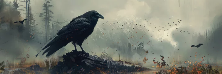 Foto op Plexiglas Black raven perched on rock in misty landscape - Dark, gothic image of a raven perched on a rock with a misty, autumnal wilderness backdrop © Mickey