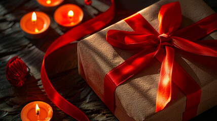 Detailed image of a rustic-style gift box adorned with a vibrant red ribbon, placed beside flickering candles, casting warm shadows.