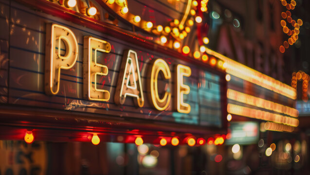 The word "PEACE" in the form of an old cinema marquee in a city with blurred streetlights in the background.